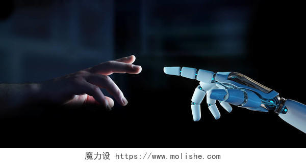 白色的机器人手指在黑暗背景下触摸人类手指